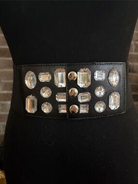 CL by Chinese Laundry Black Wide Waist Belt with Clear Gem Embellishments